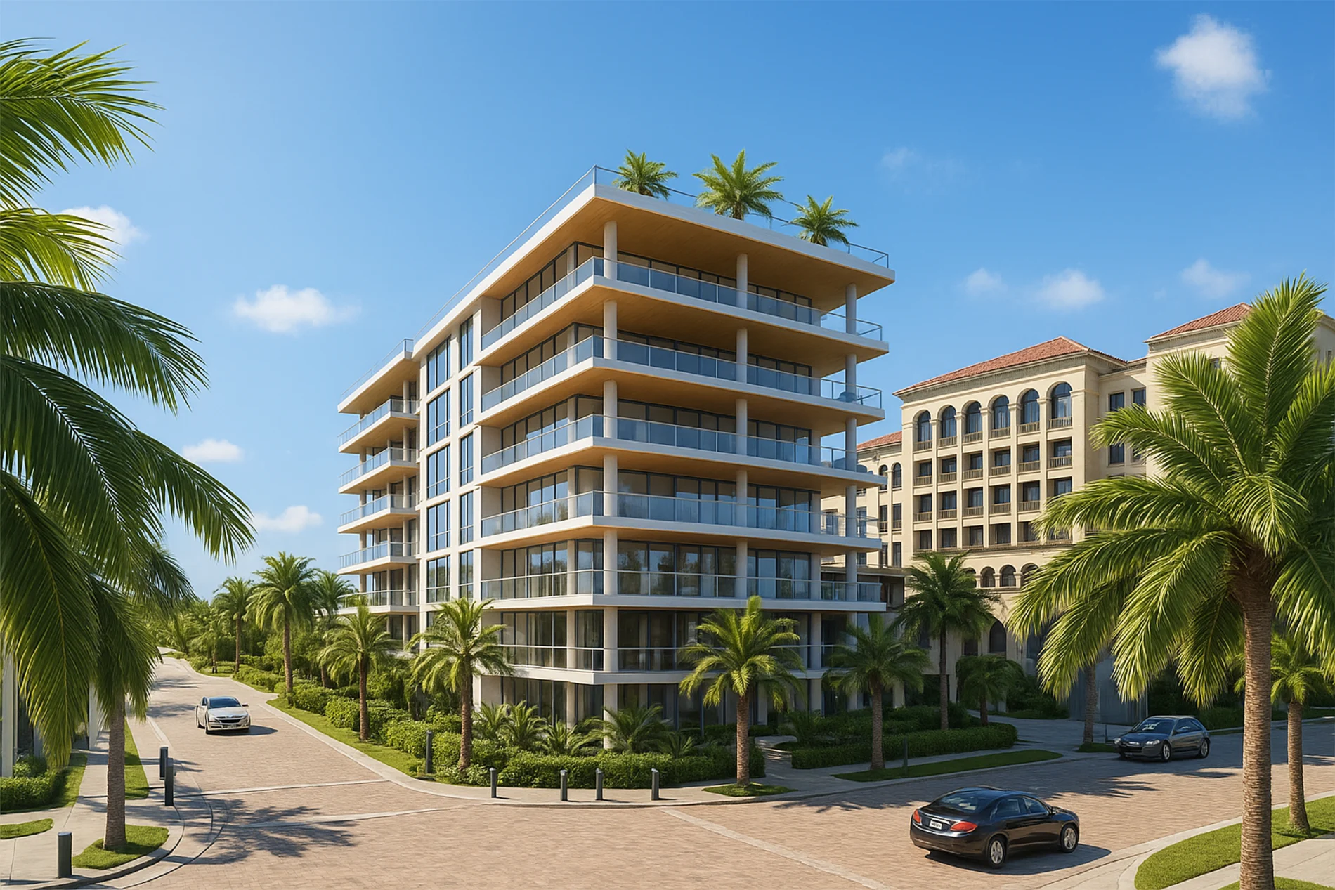 Glass House Boca Raton, a 10-story all-glass luxury condo tower with palm trees, rooftop pool, and modern architecture in downtown Boca Raton, Florida.